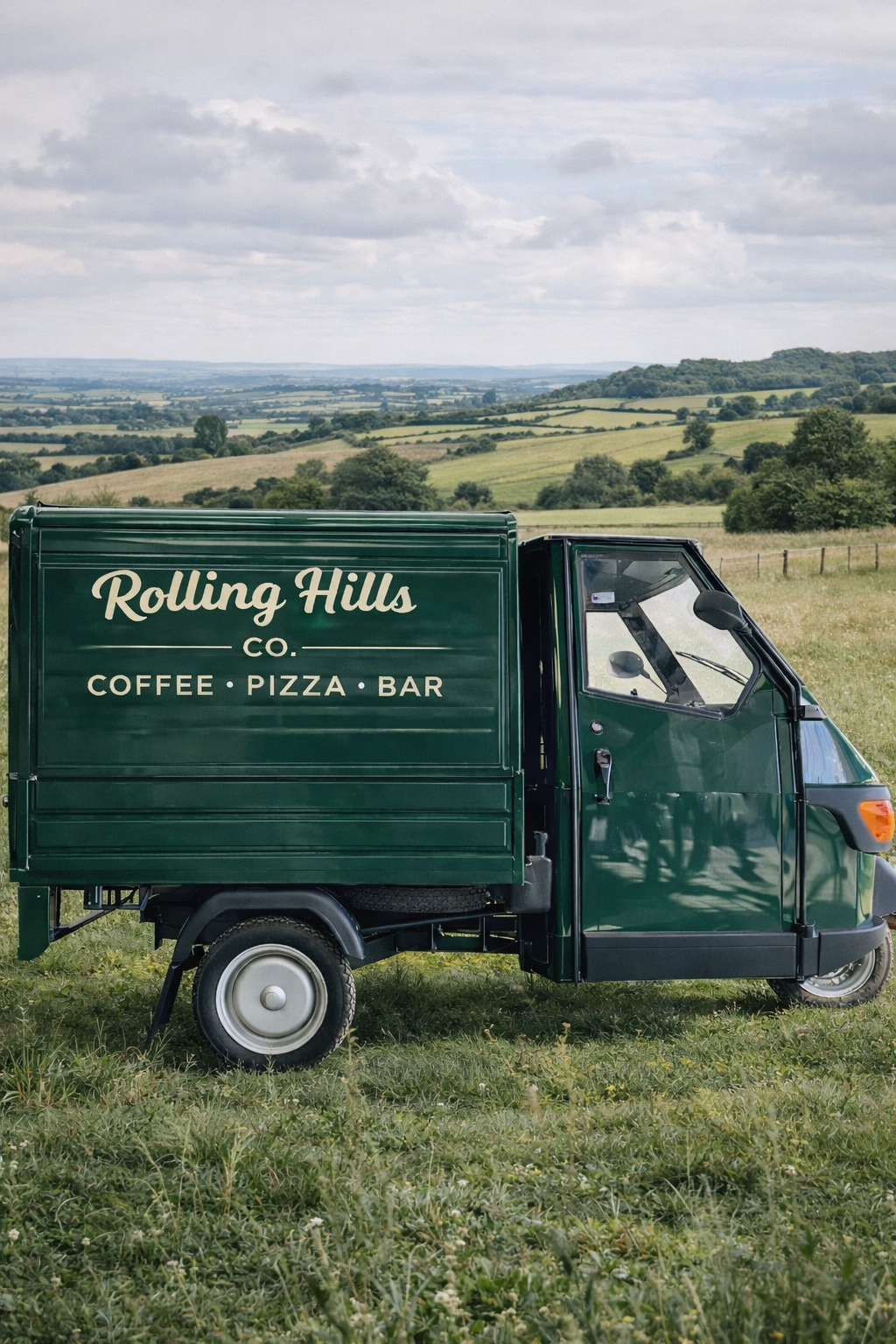 The Rolling Hills Co Piaggio Ape in a Derbyshire field